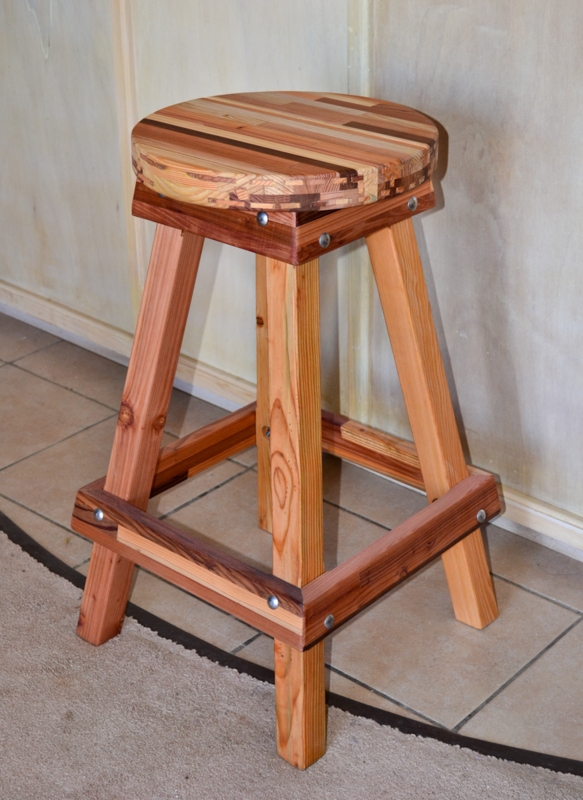 Rustic Bar Stool with Mosaic Wood Seat and Bolts
