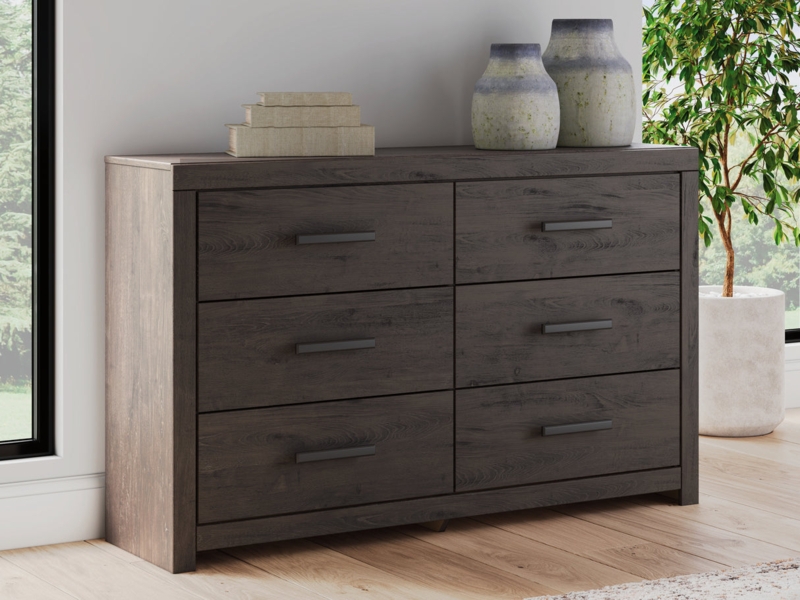 Rustic Bedroom Storage 6 Drawer Dark Wood Grain Black Pulls