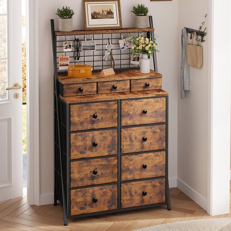 Rustic Brown 11 Drawer Dresser with Wire Grid Panel