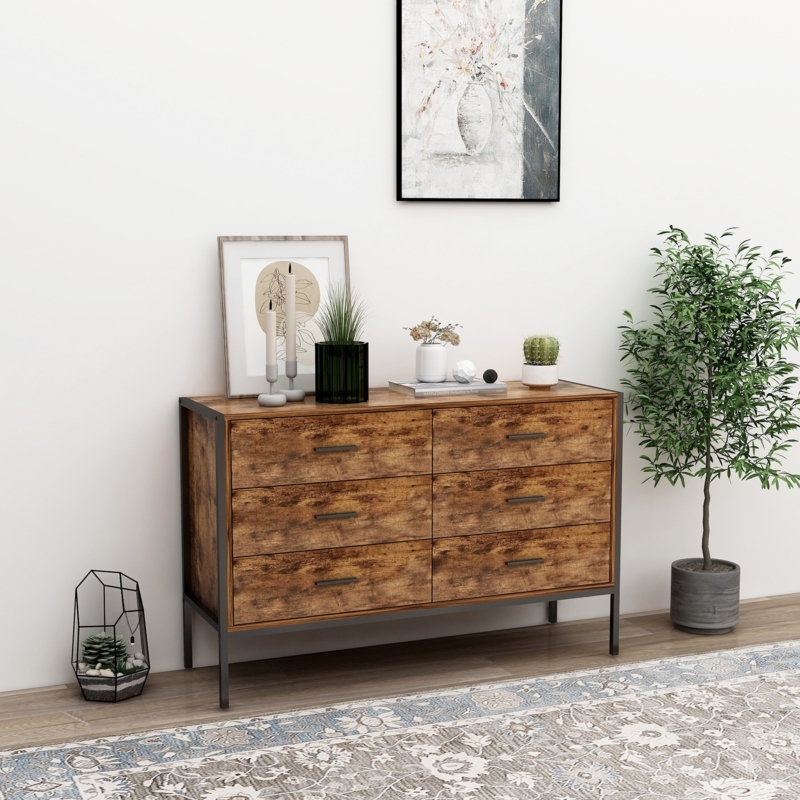 Rustic Brown Double Dresser with Black Metal Frame