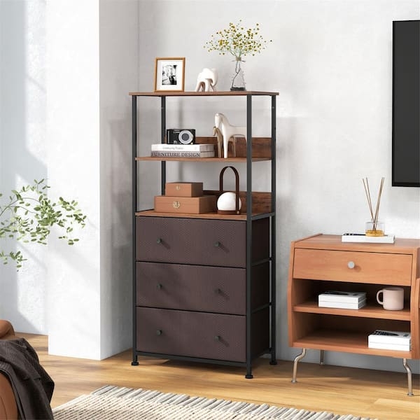Rustic Brown Vertical Storage Unit Fabric Drawers Open Shelves