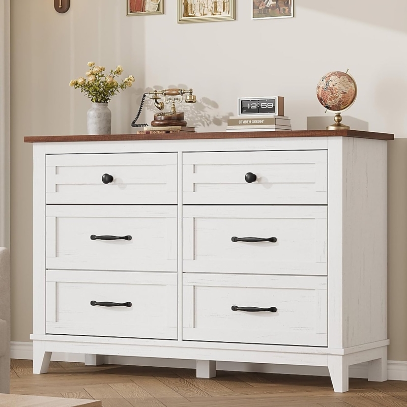 Rustic Double Dresser Whitewashed Finish Mixed Hardware