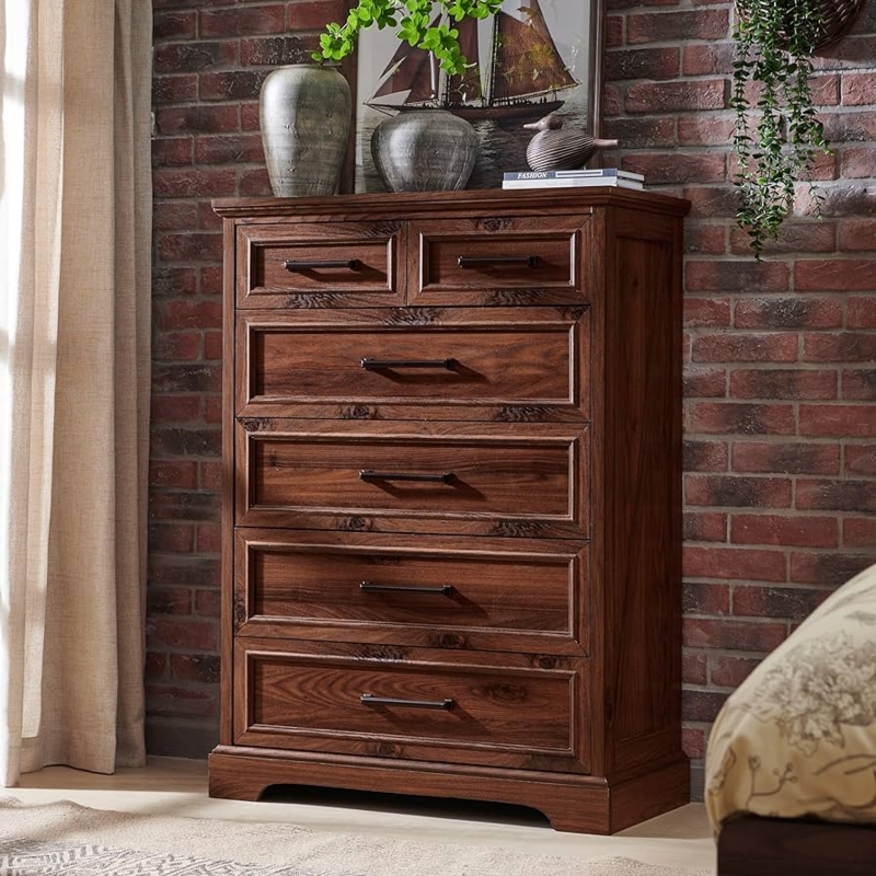 Rustic Dresser Six Paneled Drawers Metal Bar Pulls