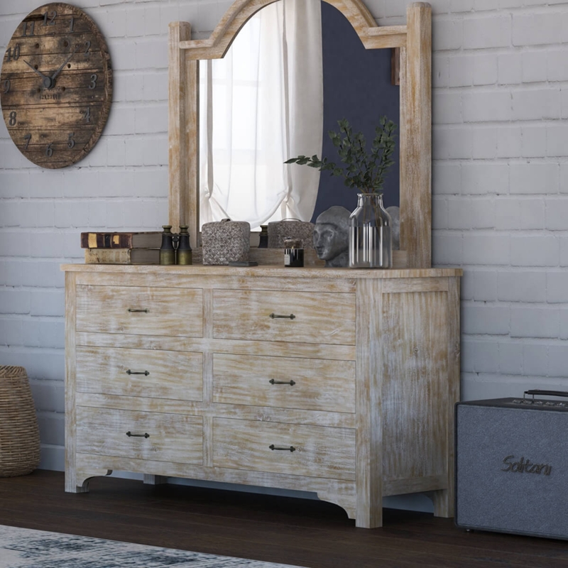 Rustic Dresser with Arched Mirror Set, Bracket Style Feet & Six Drawers.