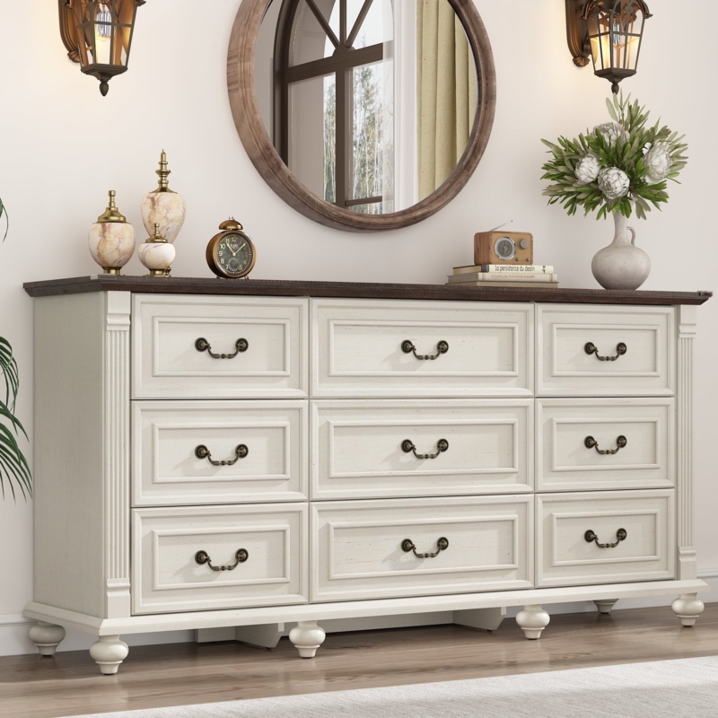 Rustic Farmhouse 9-Drawer Dresser, Cream & Wood Top, Bun Feet