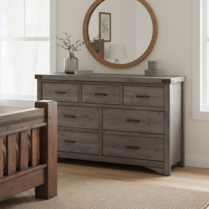 Rustic Gray Farmhouse Dresser with Rough Sawn Texture and Metal Accents