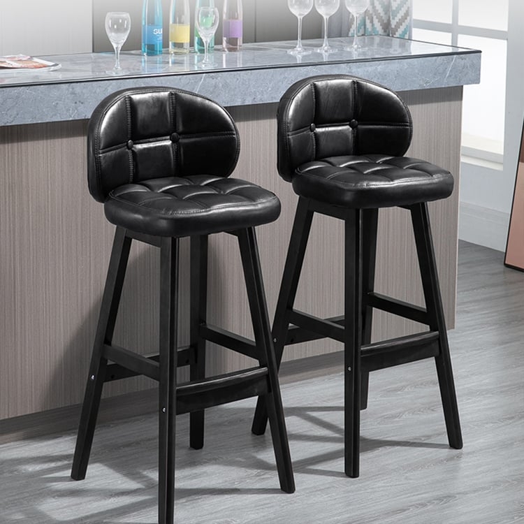 Rustic Industrial Bar Stool Button Tufting Curved Back Wood Toned