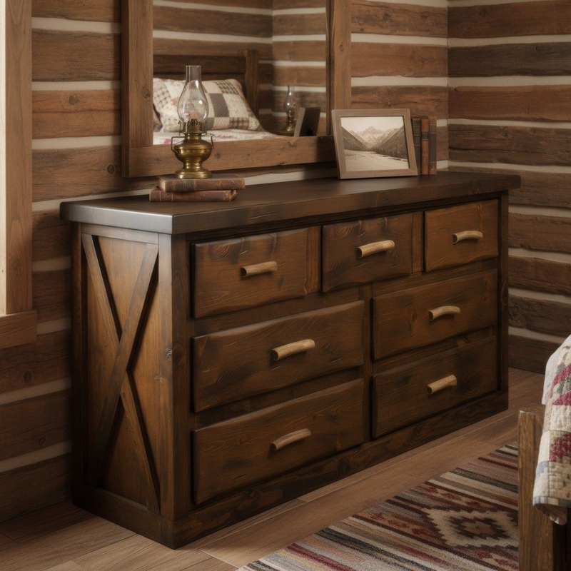 Rustic Lodge Barnwood Dresser with Antler Handles and X-Brace Sides