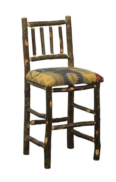 Rustic Log Bar Stool with Spindle Back and Geometric Upholstery