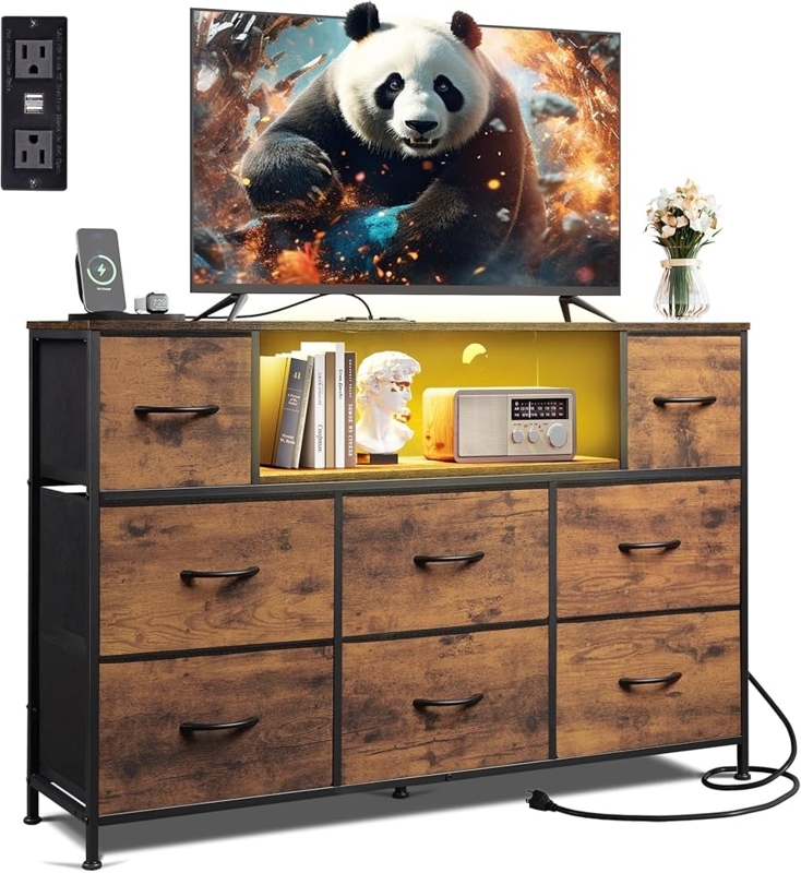 Rustic Media Dresser featuring Curved Handles and LED Lighting