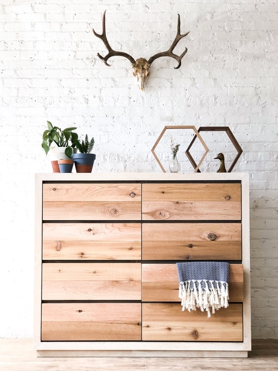 Rustic Modern Dresser with Handleless Design and Planked Fronts