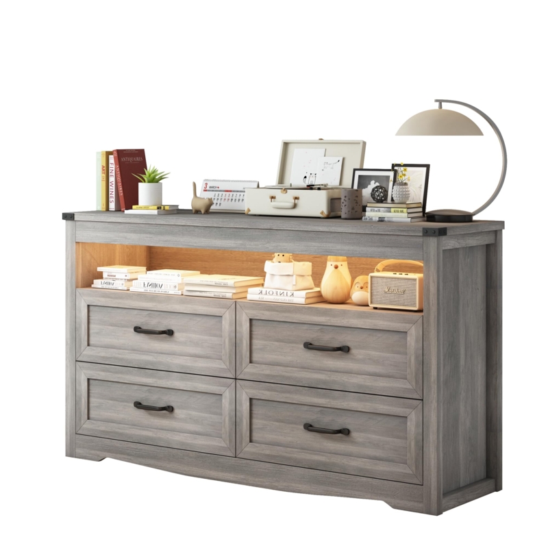 Rustic Modern Dresser with Lit Open Shelf and LED Accents