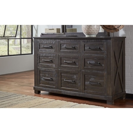 Rustic Nine Drawer Dresser Distressed Charcoal Finish X-Brace Sides