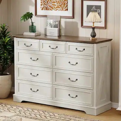 Rustic Nine-Drawer Dresser Recessed Panels Wood Top Cup Pulls Farmhouse