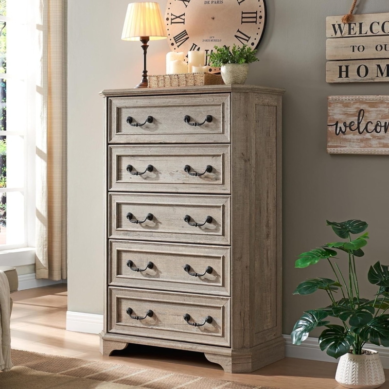 Rustic Oak Five Drawer Dresser with Bail Pull Hardware