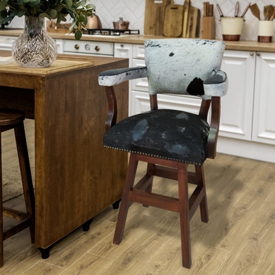 Rustic Swivel Bar Stool Armchair Cowhide Nailhead Trim