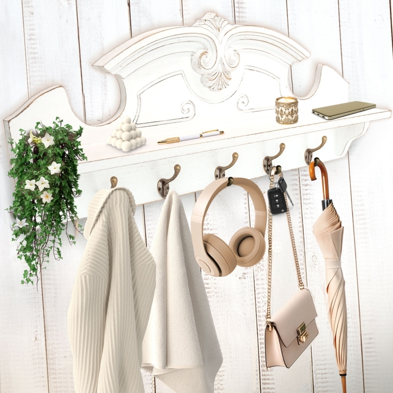 Rustic Wall Coat Rack with Ornate Arched Top and Whitewashed Finish.