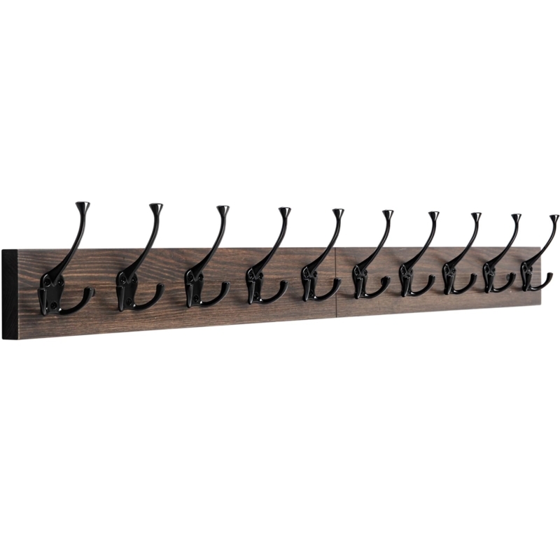Rustic Wall Mounted Coat Rack Dark Wood Grain Ten Black Hooks