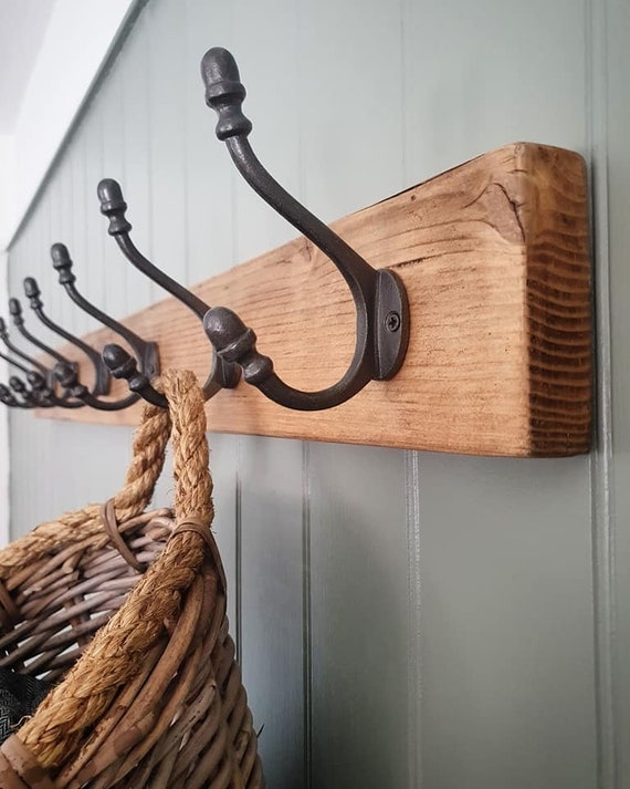 Rustic Wall Mounted Coat Rack Thick Wood Backboard Double Prong Hooks