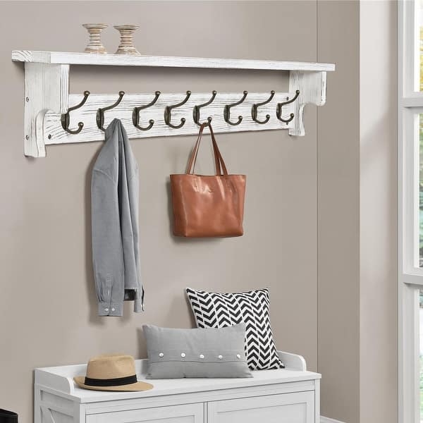 Rustic Wall Mounted Coat Rack with Storage Shelf & Whitewashed Finish