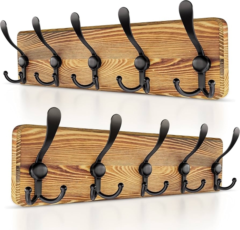 Rustic Wall Mounted Coat Rack with Triple Hooks and Visible Wood Grain
