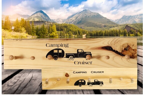 Rustic Wall Mounted Rack featuring Camper Graphic and Wooden Pegs