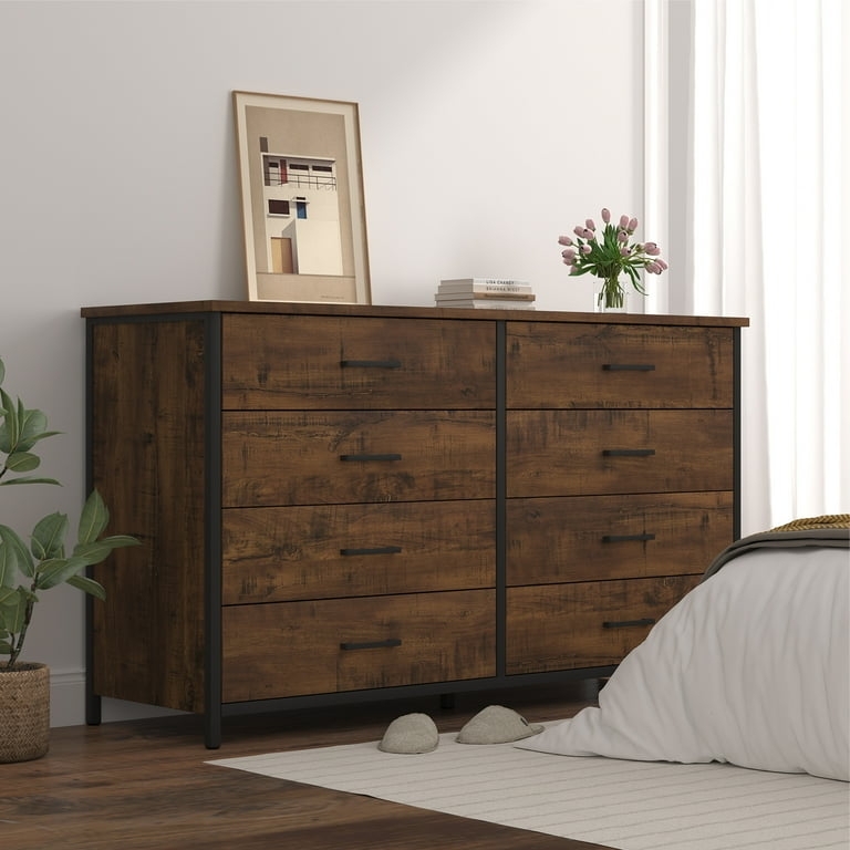 Rustic Walnut Double Dresser with Eight Drawers