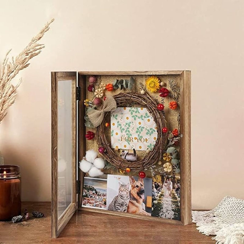 Rustic Walnut Shadow Box with Hinged Glass Door and Linen Backing