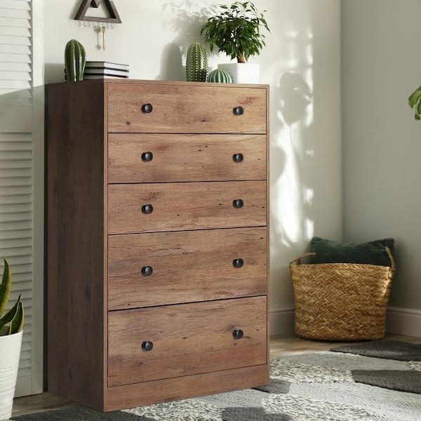 Rustic Wood 5-Drawer Chest with Black Knobs and Wood Grain Finish