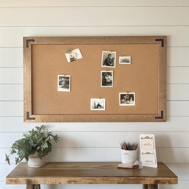 Rustic Wood Cork Board with Metal Corner Accents, Farmhouse Style