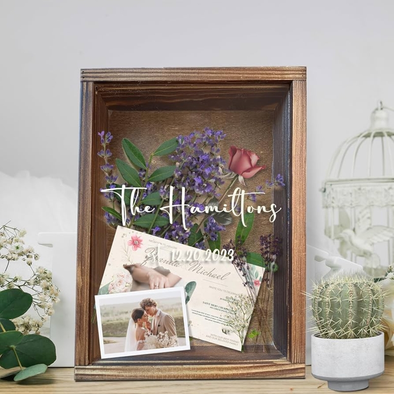Rustic Wood Shadow Box with Personalized Script for Wedding Keepsakes