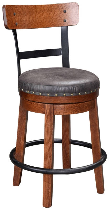 Rustic Wood Swivel Bar Stool Metal Frame Faux Leather Nailhead