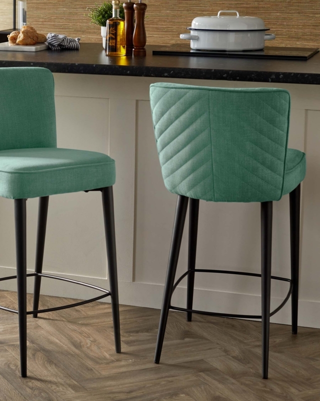 Sage Green Chenille Bar Stool Chevron Quilting Tapered Legs Metal
