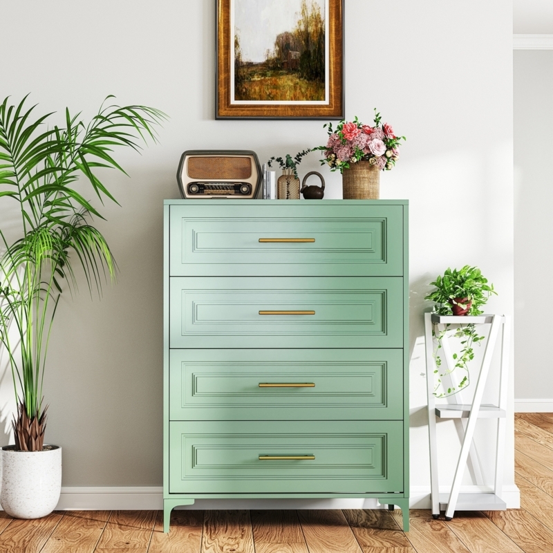 Sage Green Metal Horizontal Dresser Gold Hardware Transitional