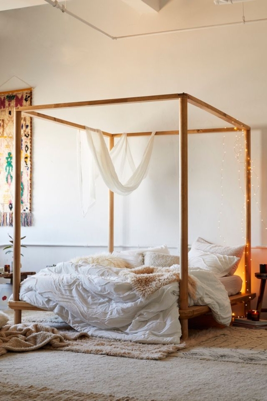 Scandi Boho Canopy Bed Natural Wood Frame Low Profile Minimalist