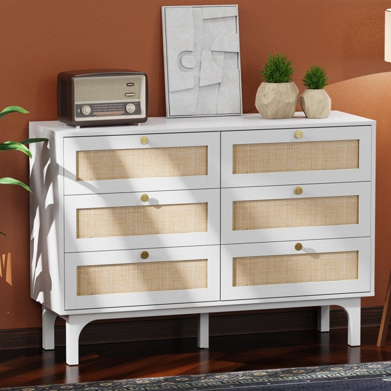 Scandi-Boho Six Drawer Dresser with Woven Rattan Fronts and Arched Base