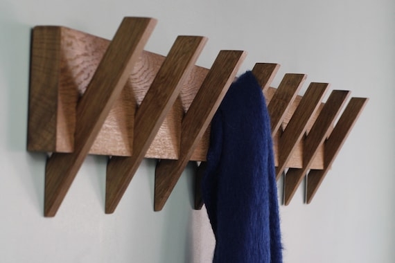 Scandinavian Coat Rack Angled Pegs V Shaped Hooks Wood Grain Minimalist