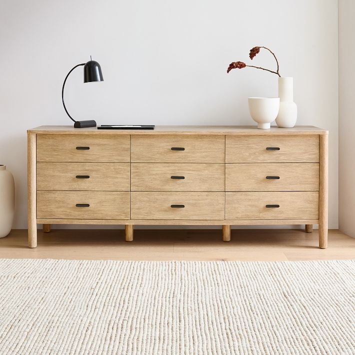 Scandinavian Light Wood 9-Drawer Dresser, Rounded Corners, Black Pulls