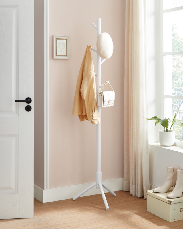 Scandinavian Matte White Tree Coat Rack with Tripod Base.