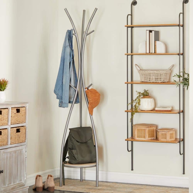 Sculptural Coat Rack, Brushed Silver Curved Branches, Integrated Shelf