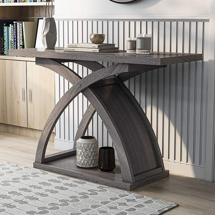 Sculptural Console Table Curved X-Base Distressed Wood
