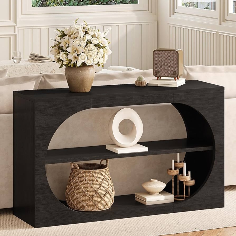Sculptural Console Table featuring Central Oval Cutout and Three Tiers