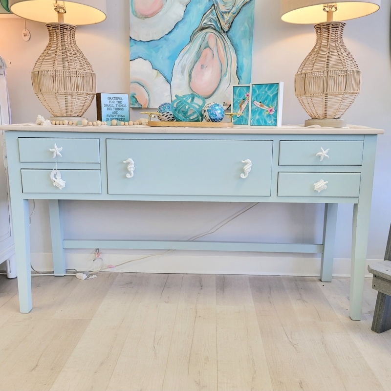 Seafoam Blue Console Table with Coastal Hardware Knobs