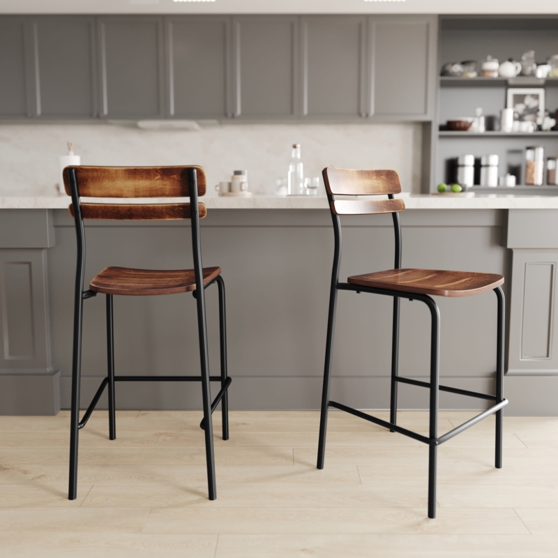 Set of 2 Metal Frame Bar Stools with Antique Wood Seats