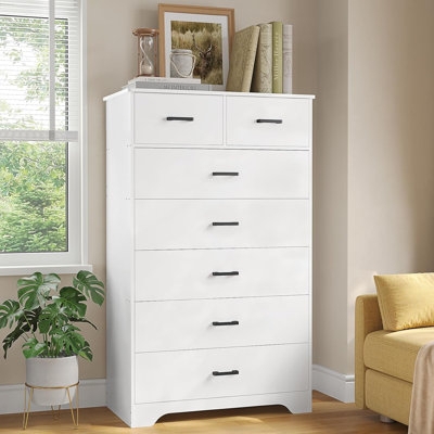 Seven Drawer Chest of Drawers, Slim Black Handles, Vertical Tall White