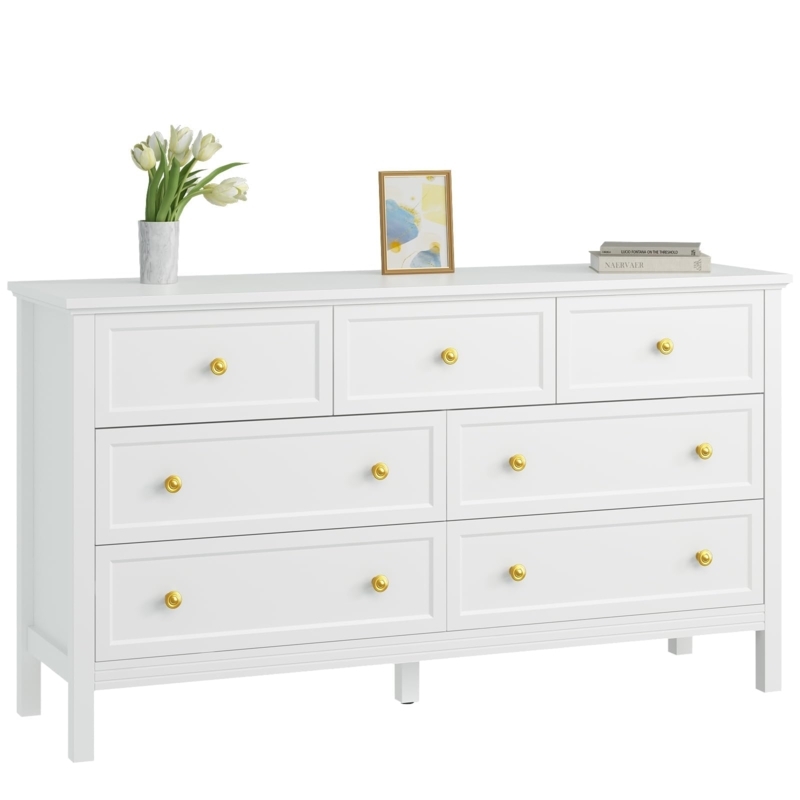 Seven Drawer Dresser Gold Knobs Recessed Panels Transitional Style
