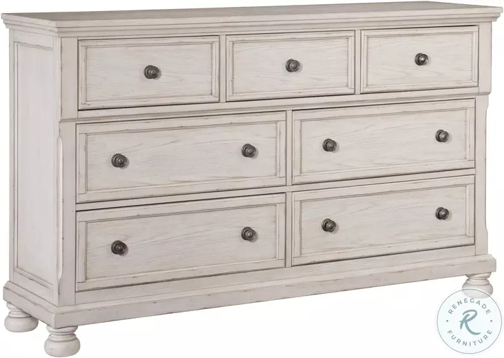 Seven-Drawer Dresser in White Wire Brushed Finish with Bun Feet