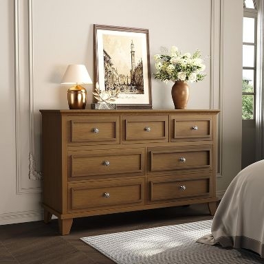 Seven-Drawer Dresser Medium Brown Recessed Panels, Tapered Leg Chest