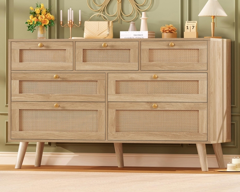 Seven-Drawer Dresser: Natural Rattan & Wood Boho Storage Chest