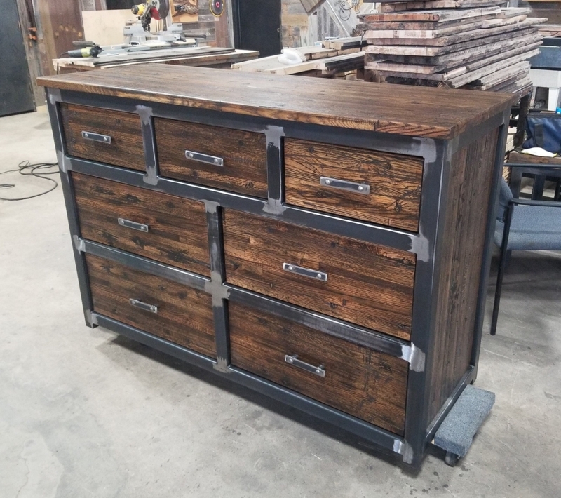 Seven Drawer Dresser with Exposed Welds and Steel Frame